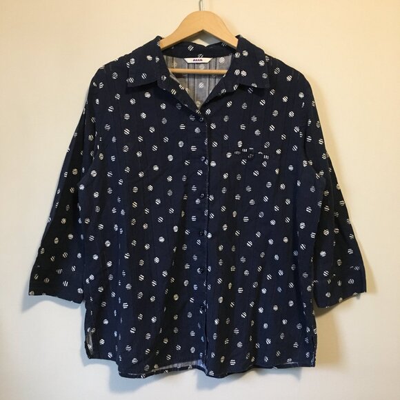 Alia 100% Cotton Navy Blue and White Broken Polka Dot Button Down Shirt - Picture 1 of 15